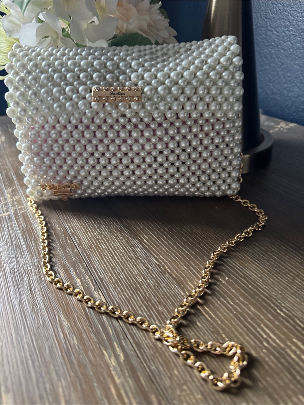 Pearl Beaded Crossbody Bag with Gold Chain